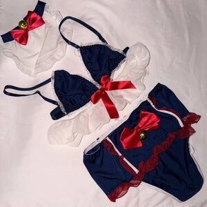Navy Three-Piece Ruffle Set with Red Satin Bows